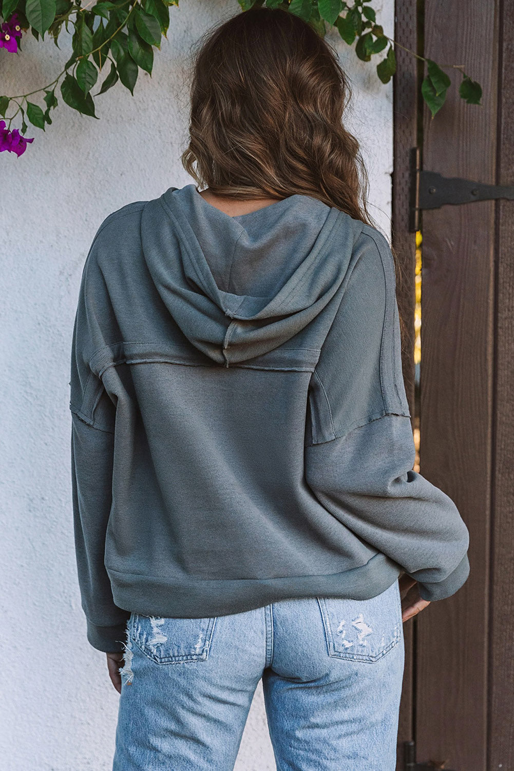 Plain Casual Button Front Pullover Hoodie