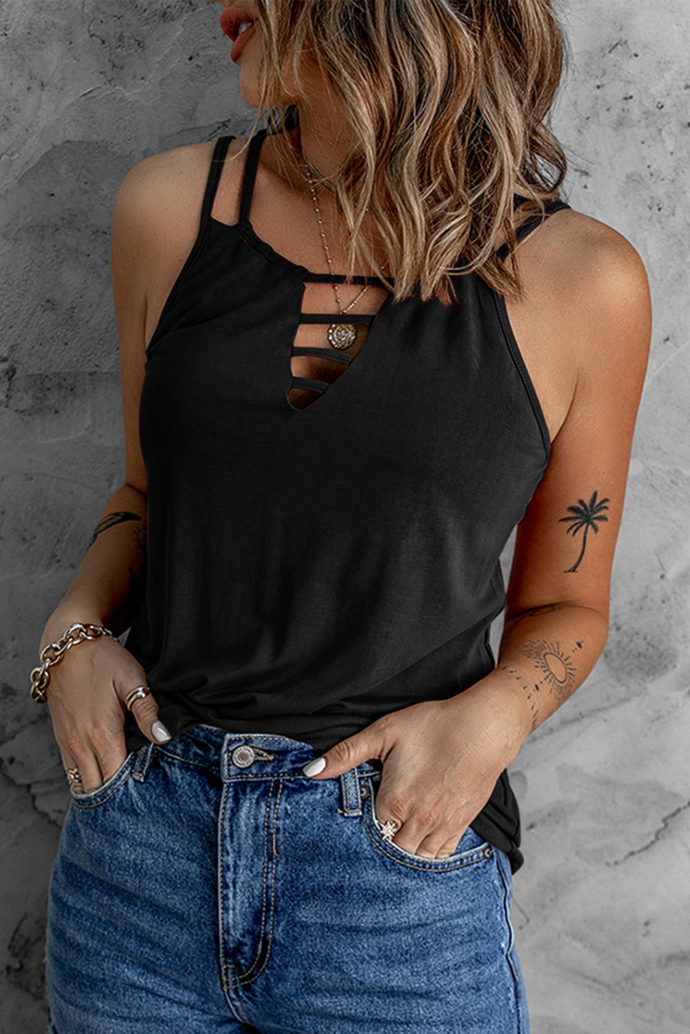 Wine Red Ladder Hollow-out Tank Top