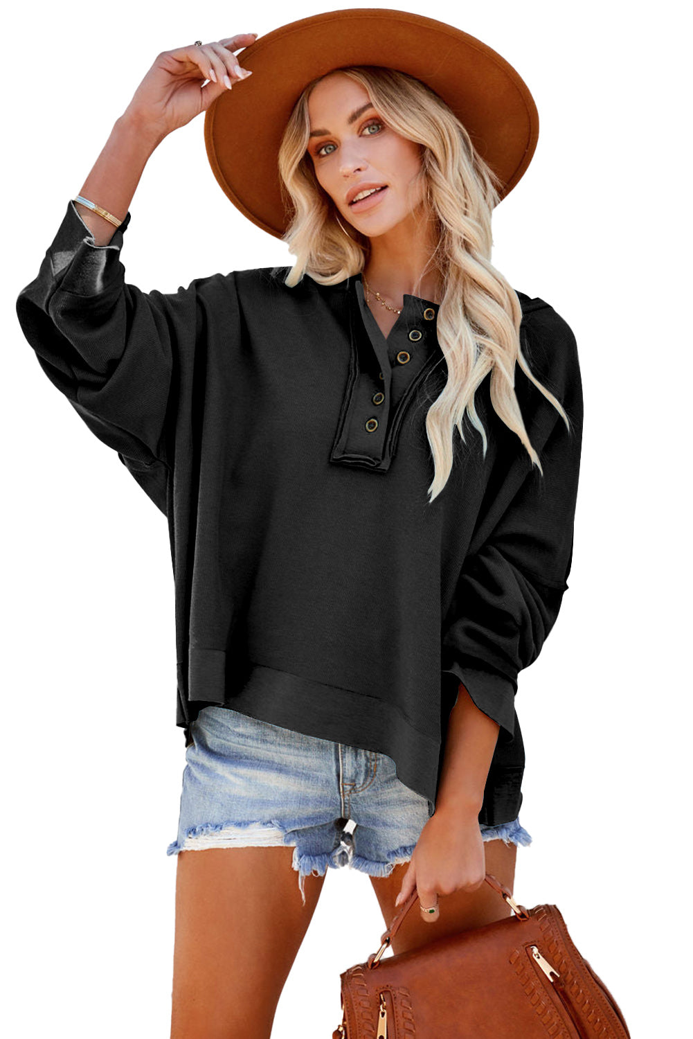 Plain Casual Button Front Pullover Hoodie