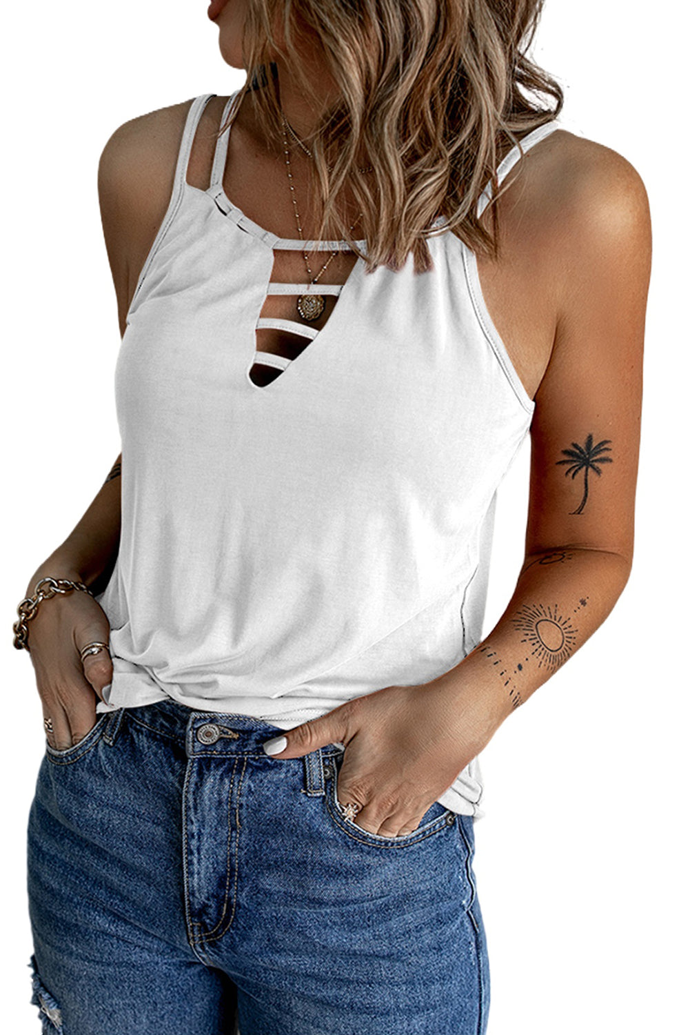 Wine Red Ladder Hollow-out Tank Top