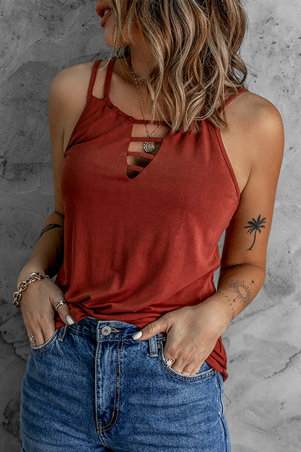 Wine Red Ladder Hollow-out Tank Top