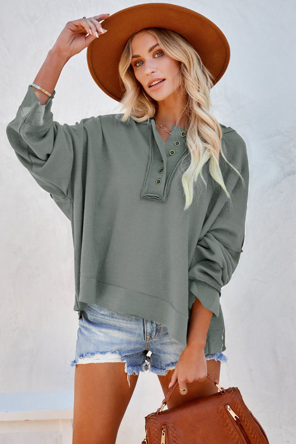 Plain Casual Button Front Pullover Hoodie