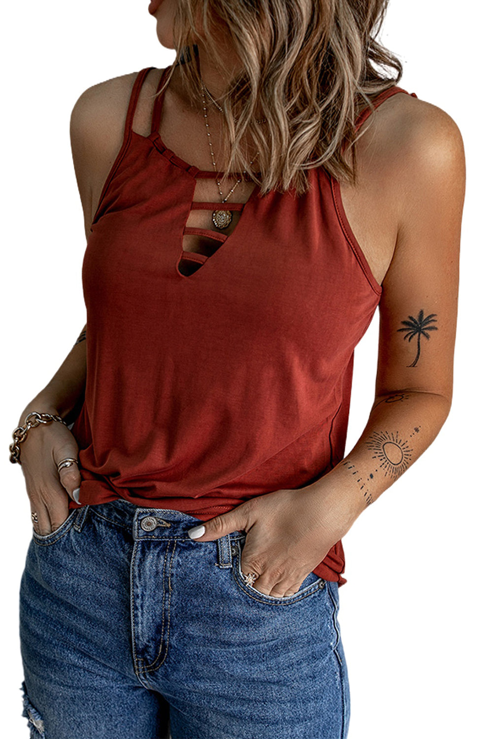 Wine Red Ladder Hollow-out Tank Top