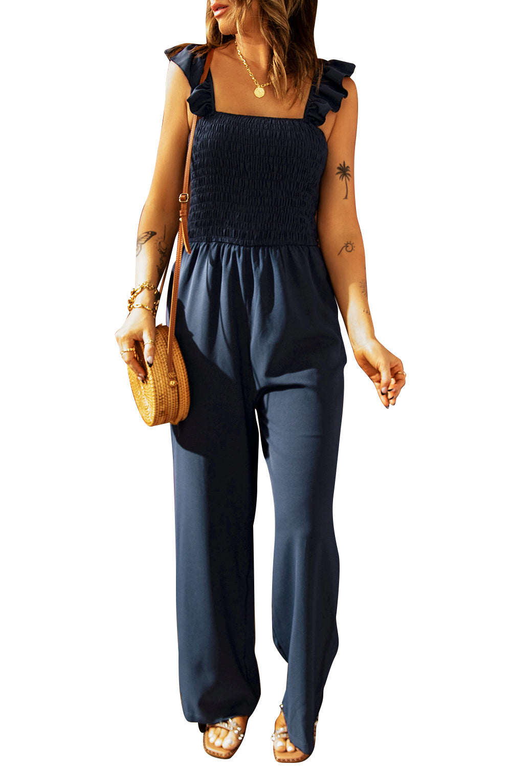 Smocked Ruffle Strap Pocket Wide Leg Jumpsuit