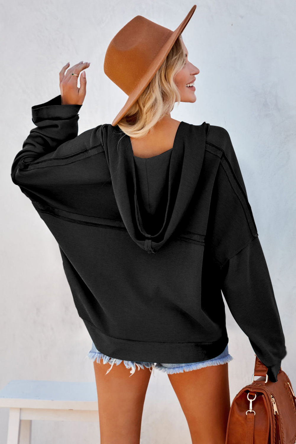 Plain Casual Button Front Pullover Hoodie