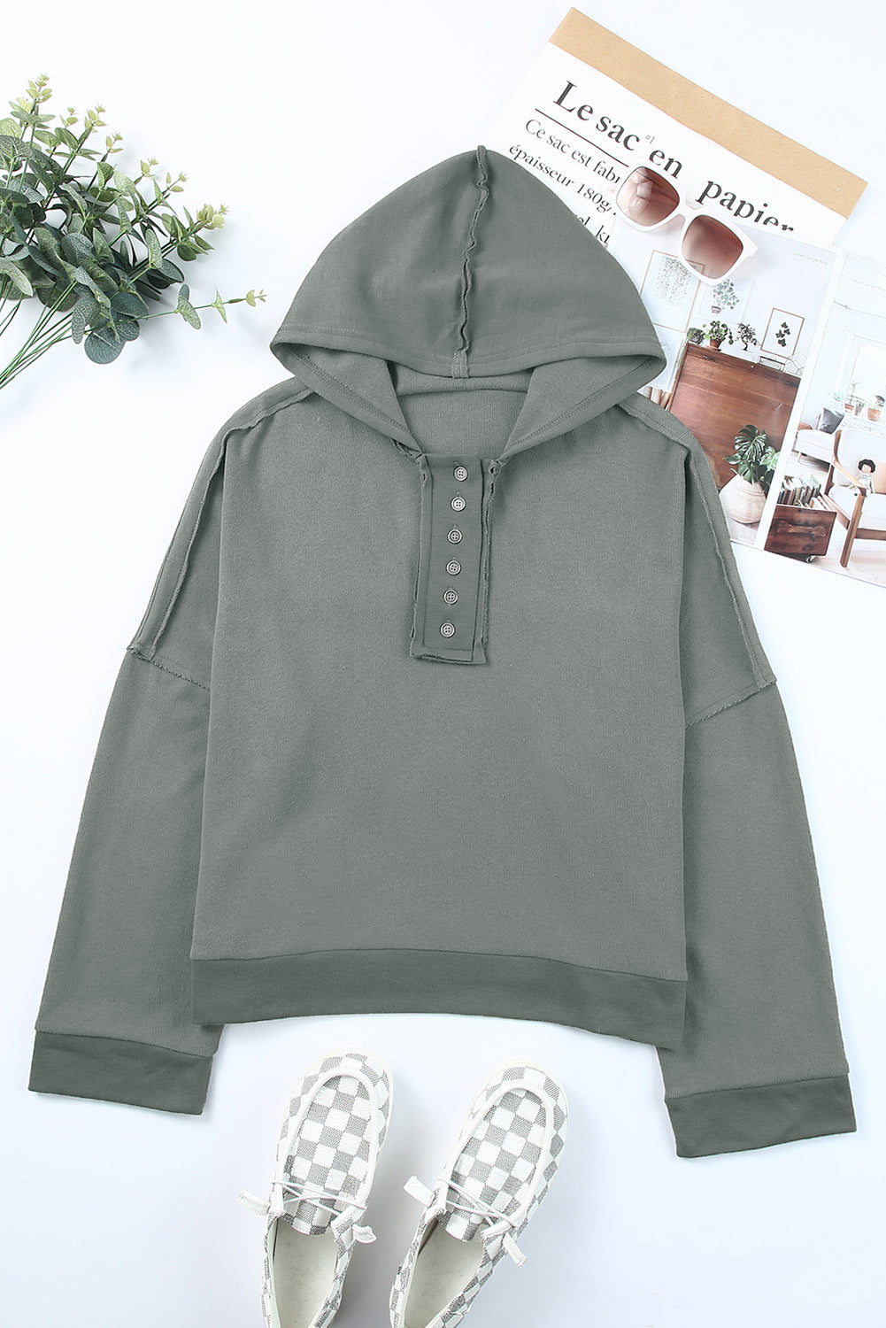 Plain Casual Button Front Pullover Hoodie