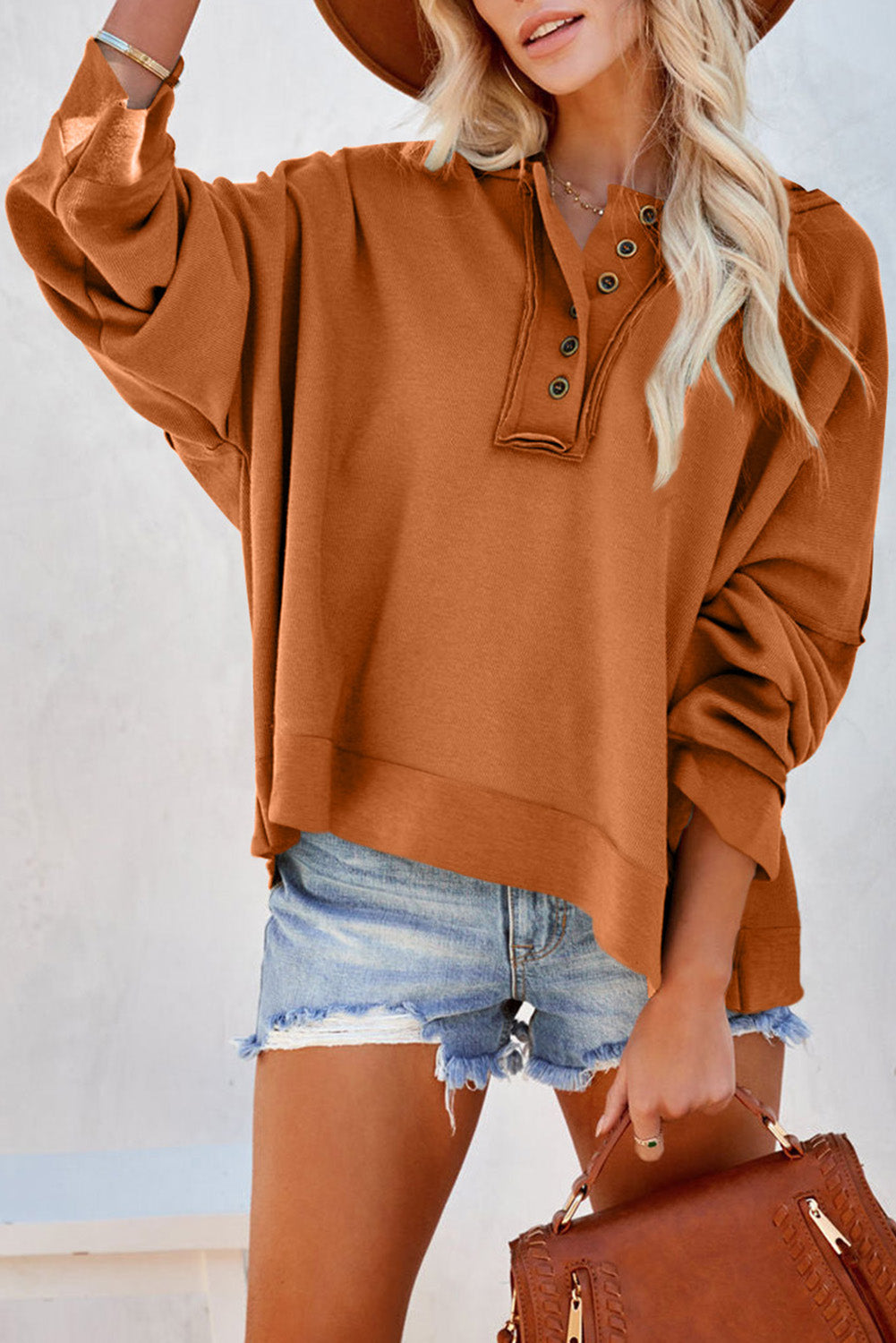 Plain Casual Button Front Pullover Hoodie