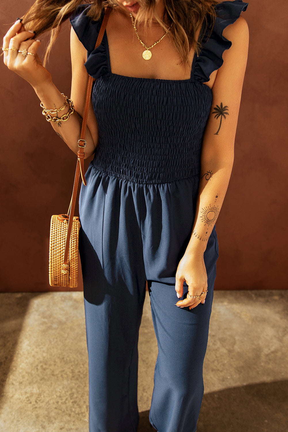 Smocked Ruffle Strap Pocket Wide Leg Jumpsuit