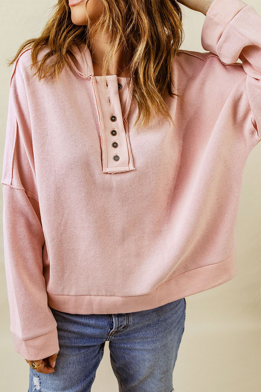 Plain Casual Button Front Pullover Hoodie