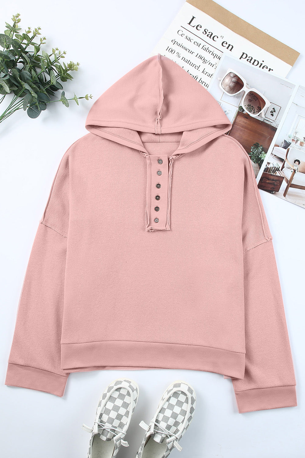 Plain Casual Button Front Pullover Hoodie