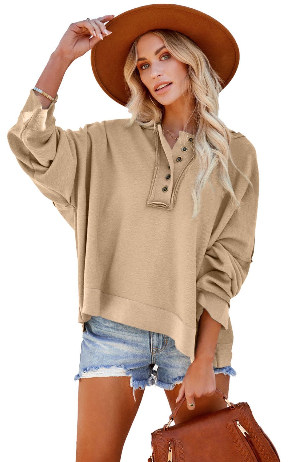 Plain Casual Button Front Pullover Hoodie