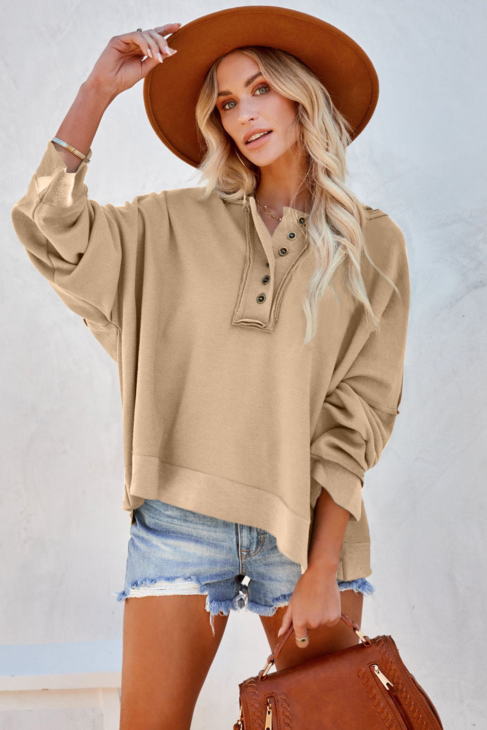 Plain Casual Button Front Pullover Hoodie