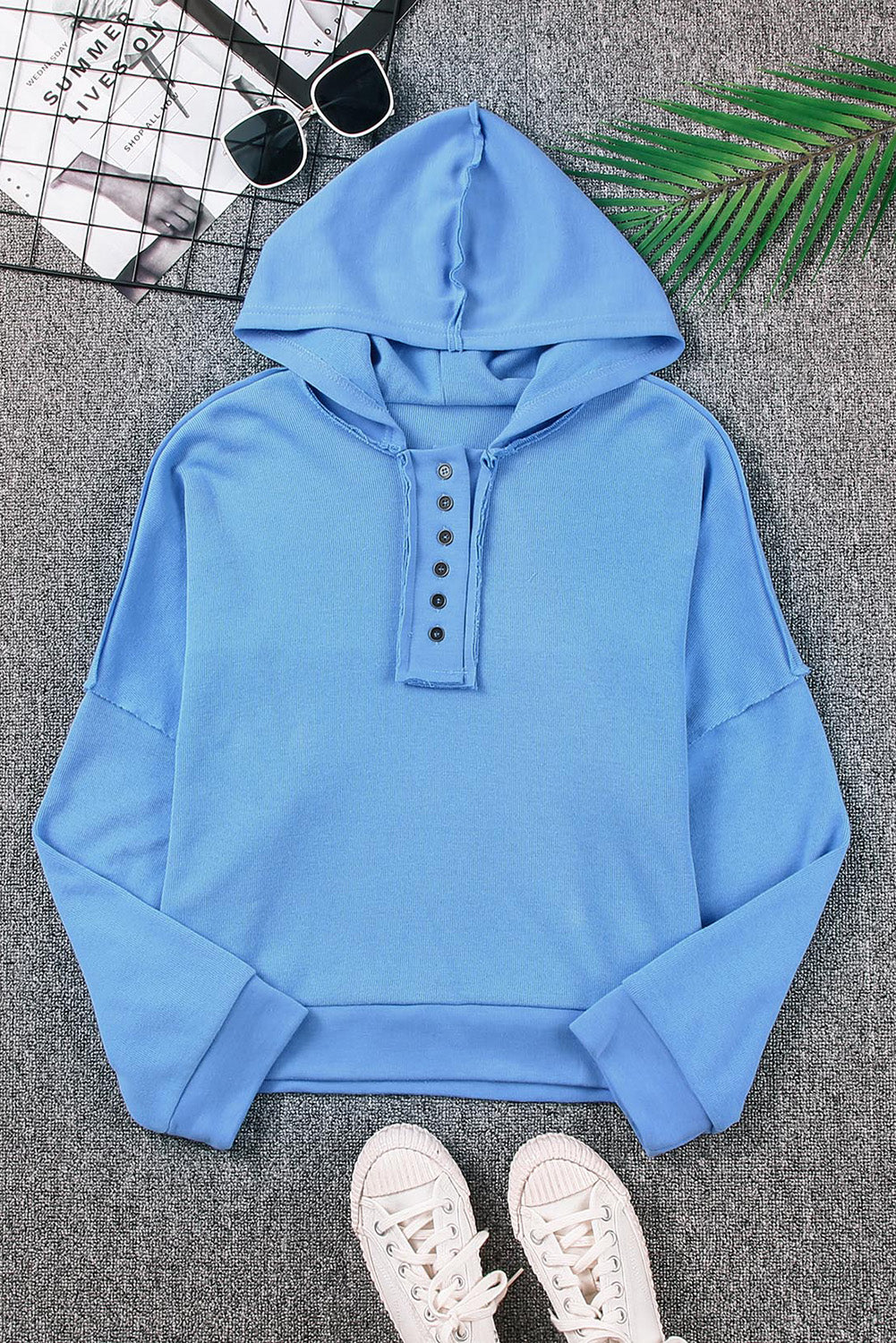 Plain Casual Button Front Pullover Hoodie