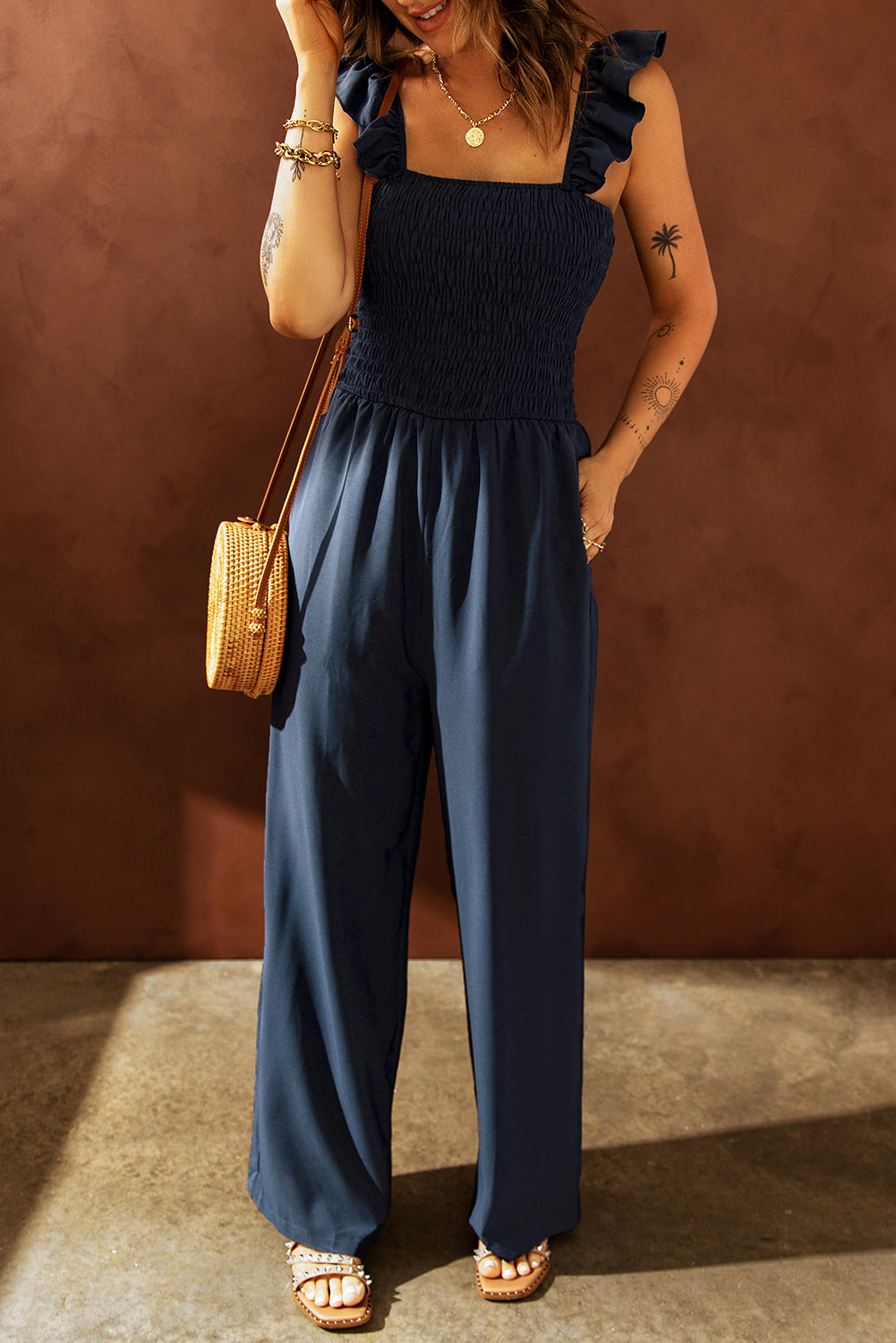 Smocked Ruffle Strap Pocket Wide Leg Jumpsuit