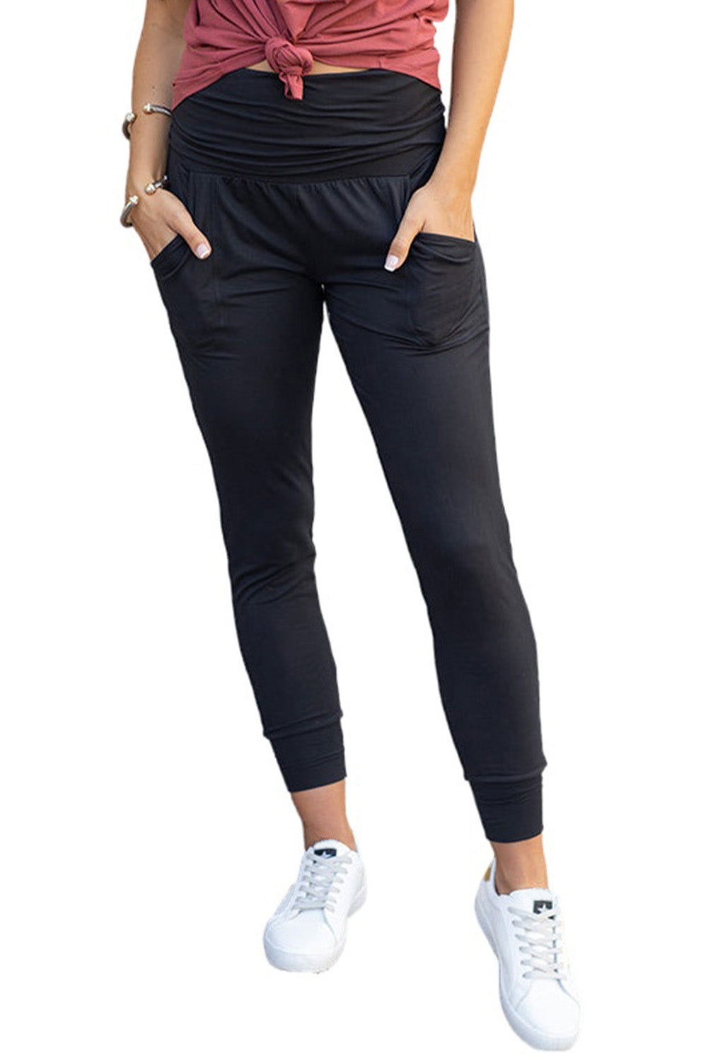 High Waist Pleated Casual Pocket Leggings