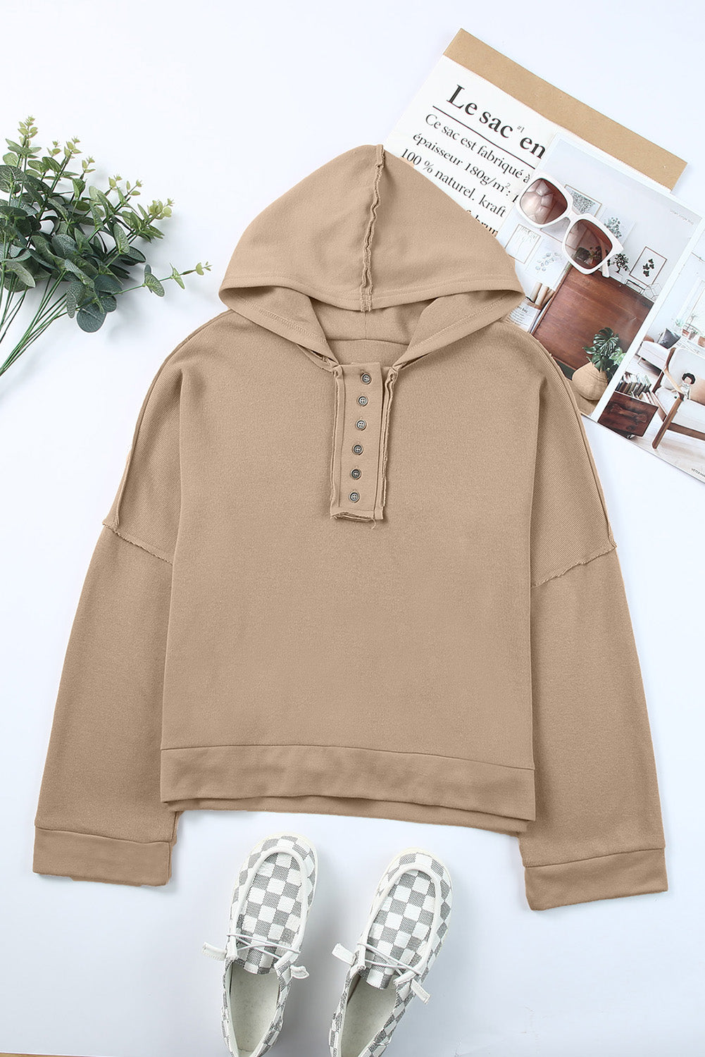 Plain Casual Button Front Pullover Hoodie