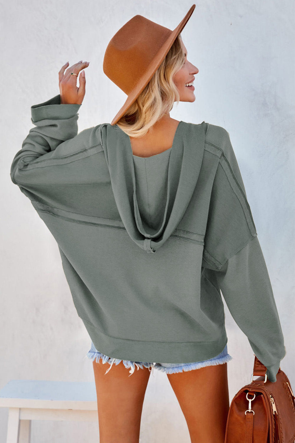 Plain Casual Button Front Pullover Hoodie