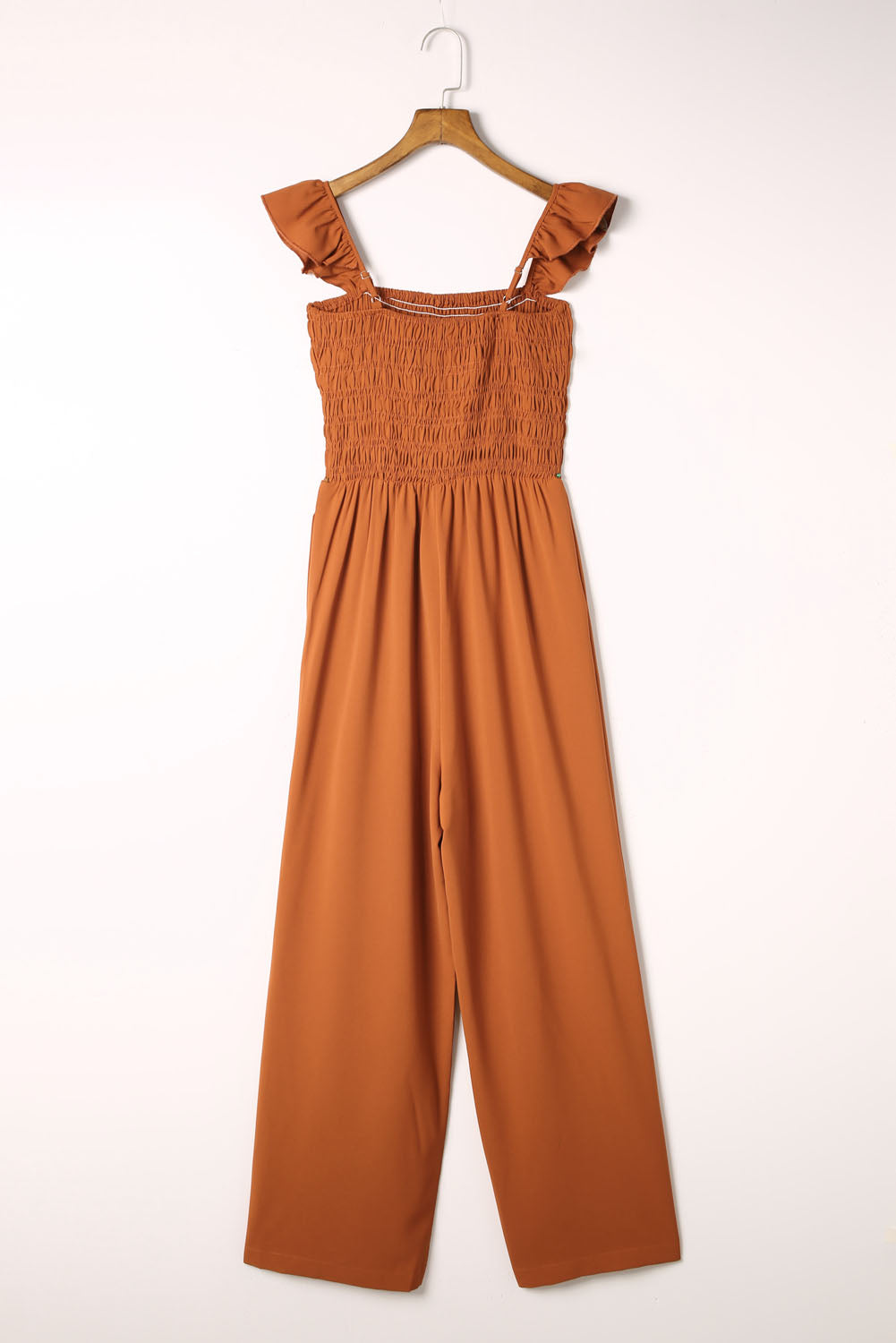 Smocked Ruffle Strap Pocket Wide Leg Jumpsuit