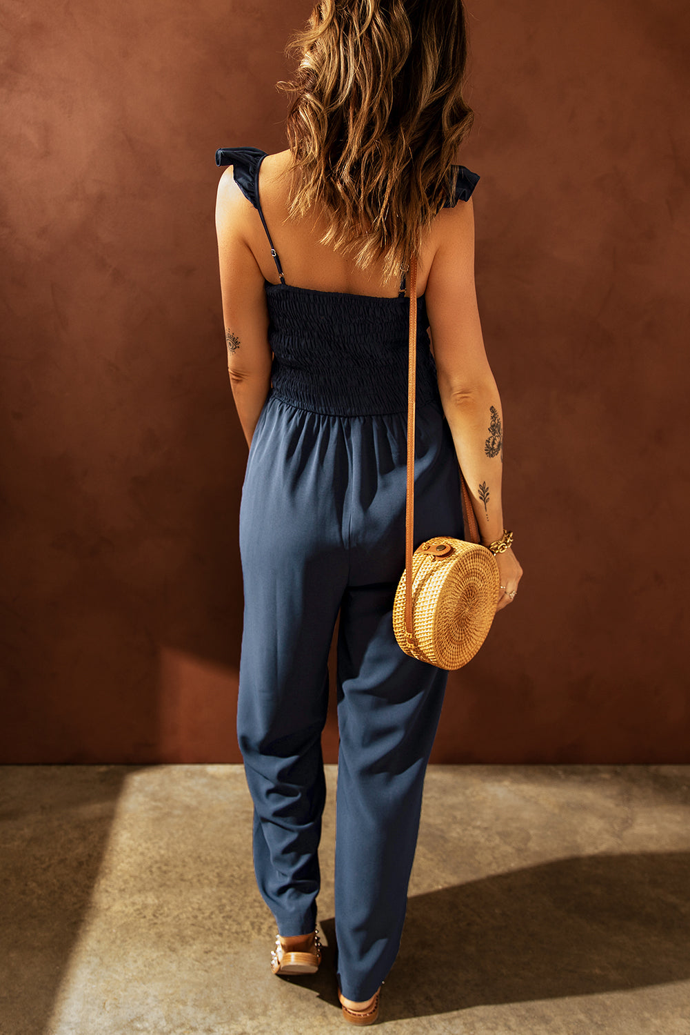 Smocked Ruffle Strap Pocket Wide Leg Jumpsuit