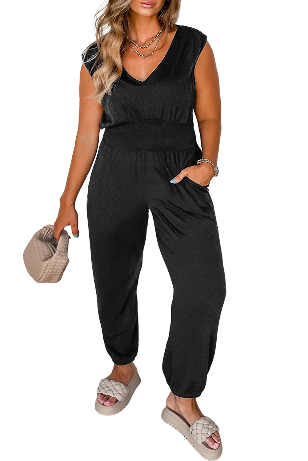 High Waist Sleeveless V Neck Jumpsuit