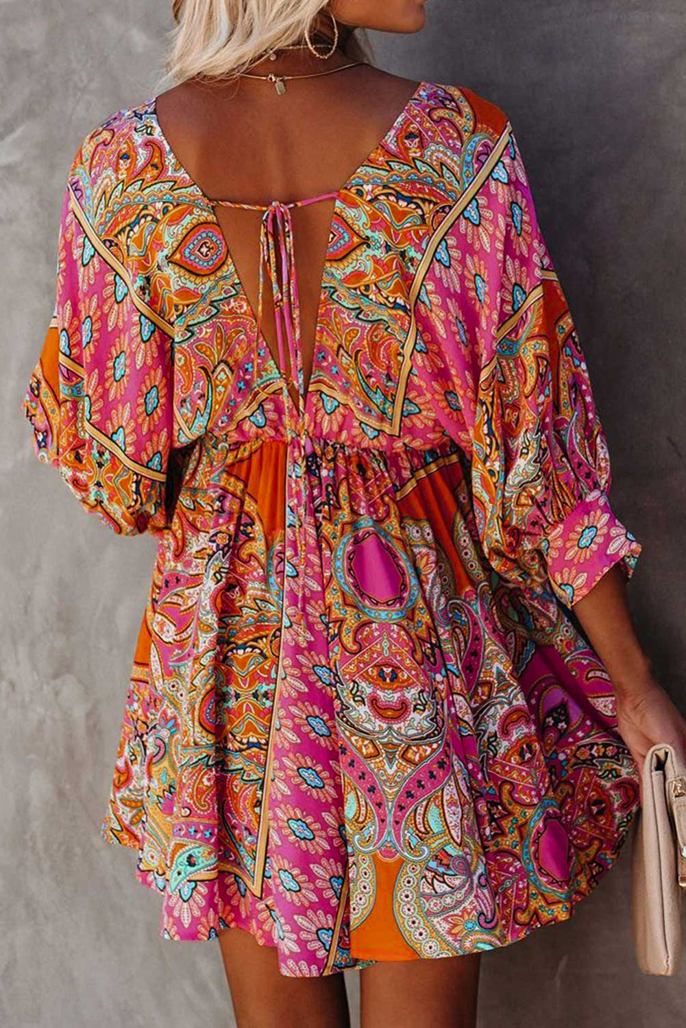 3/4 Sleeve Tie Back Boho Dress