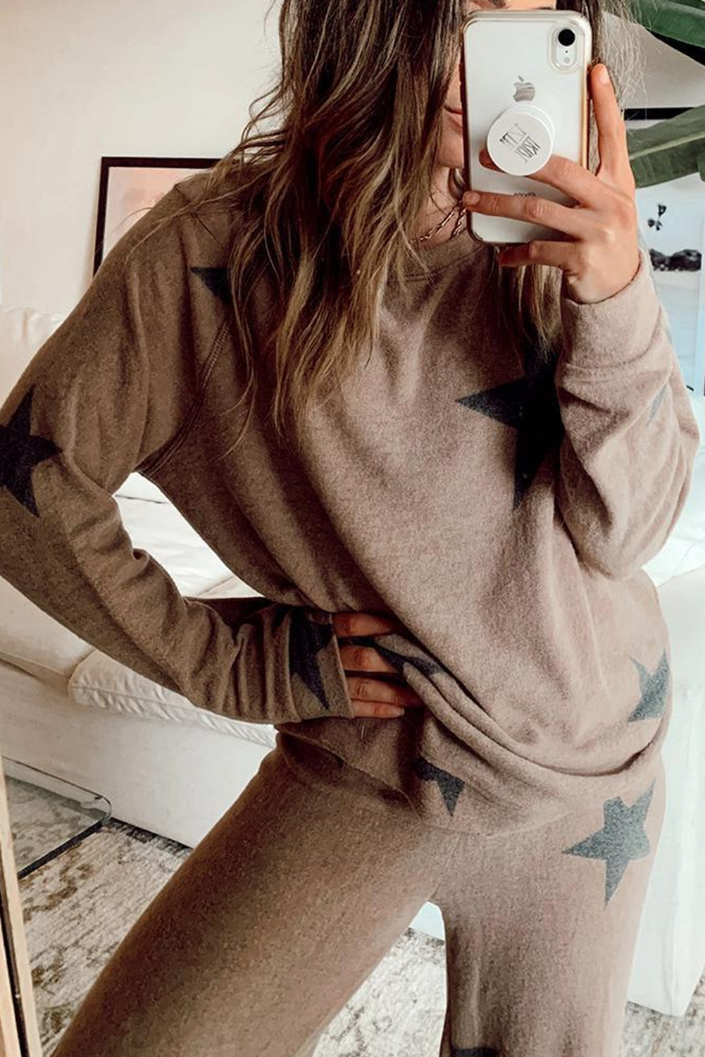 Retro Star Print Long Sleeve Pullover Drawstring Wide Leg Pajama Set