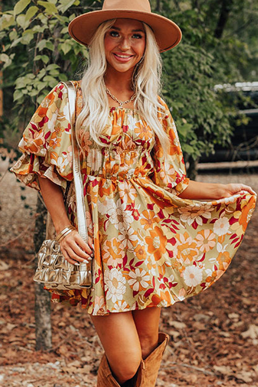 Floral Printed Square Neck Dress