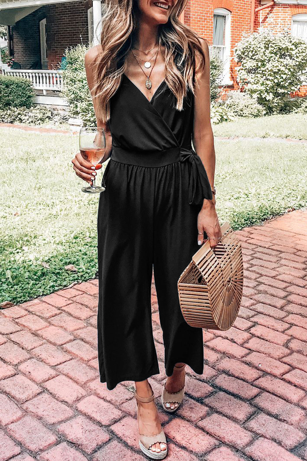 Surplice V Neck Knot Wide Leg Jumpsuit