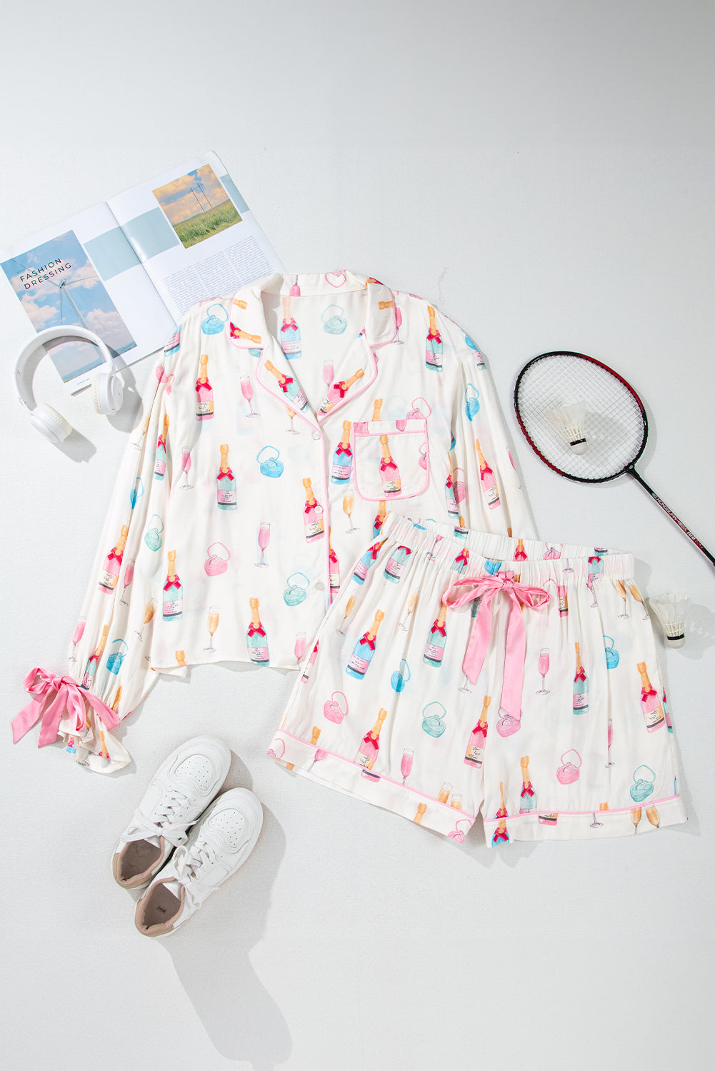 Wine Glass Print Plus Size Pajama Set