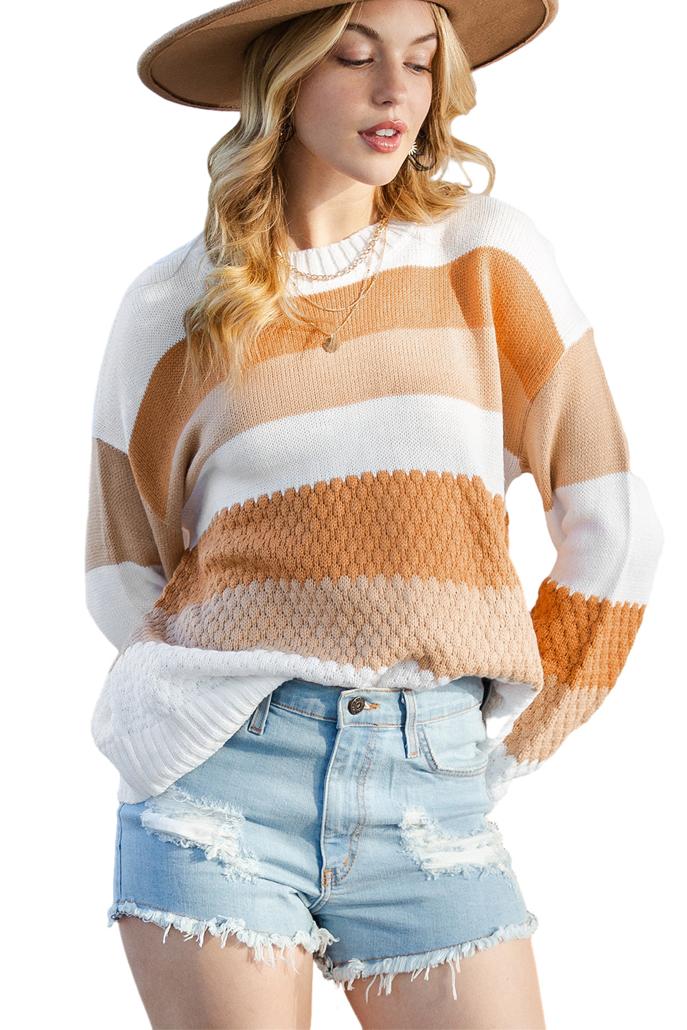 Chestnut Colorblock Drop Sleeve Knitted Sweater