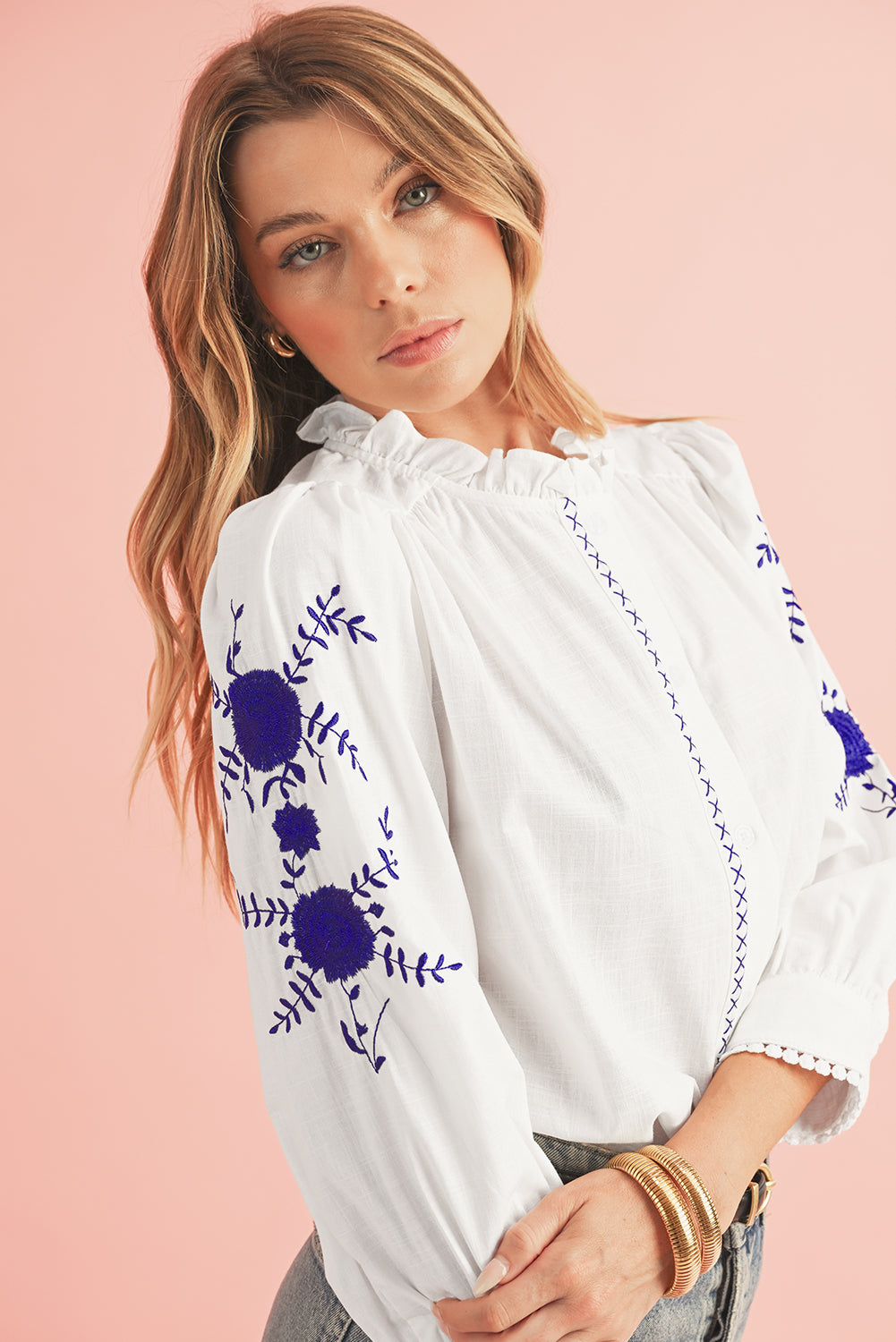 Embroidered Button Up Boho Blouse