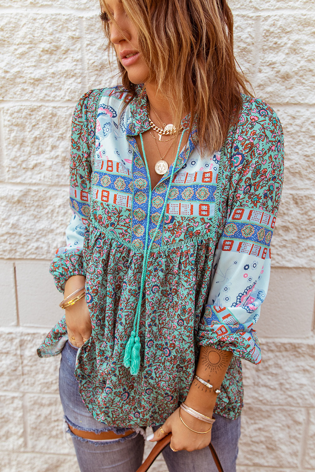 V Neck Puff Sleeve Tunic Top