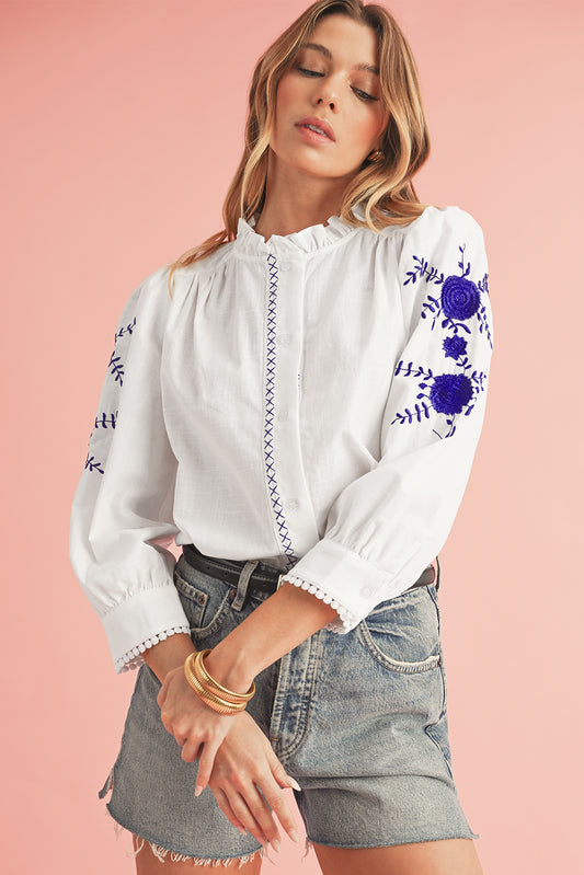 Embroidered Button Up Boho Blouse