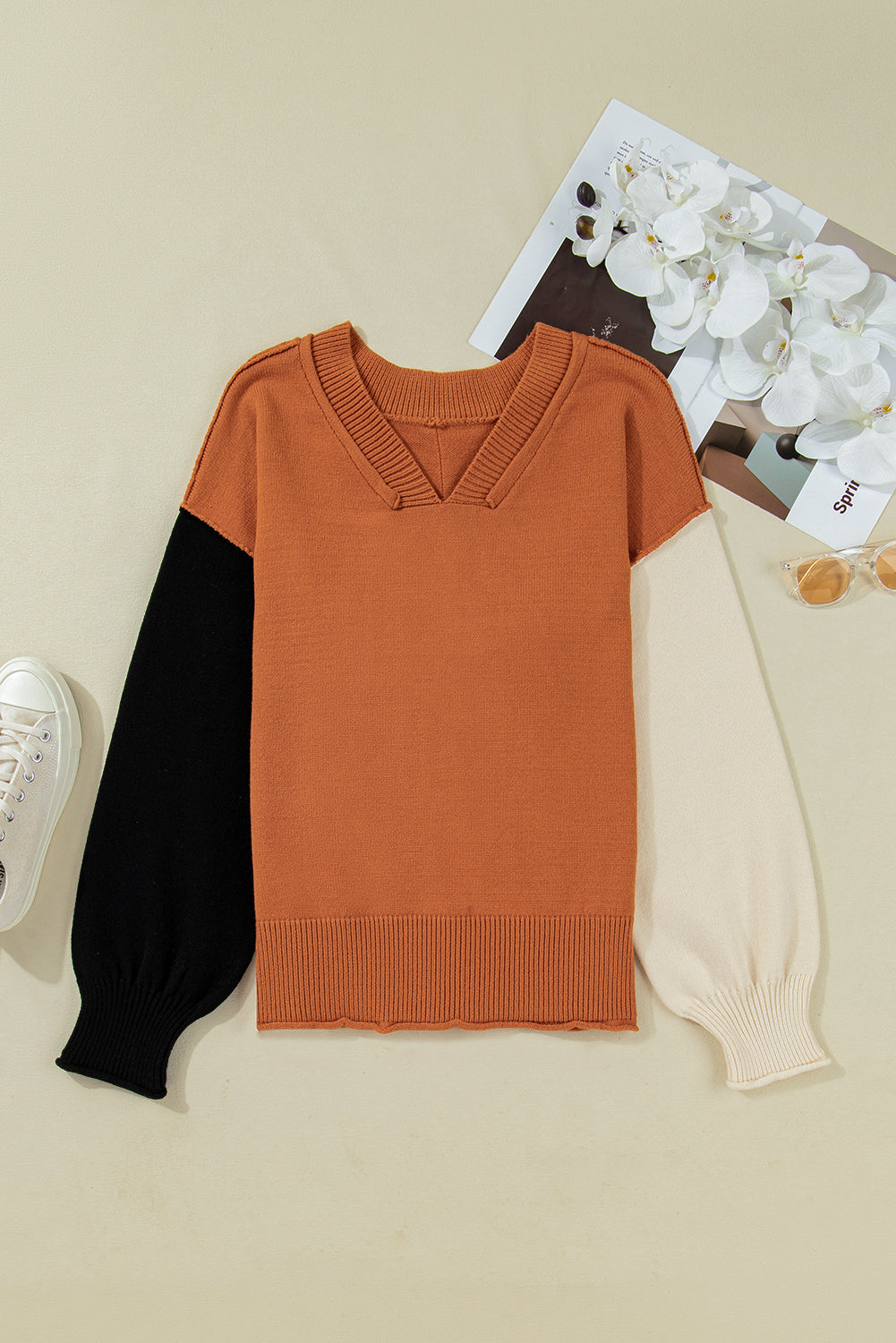 Bubble Sleeve V Neck Sweater