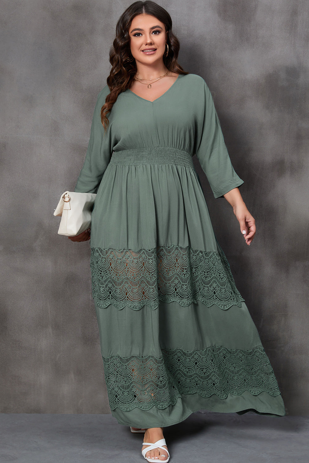 3/4 Sleeve Smocked Lace Decor Maxi Dress