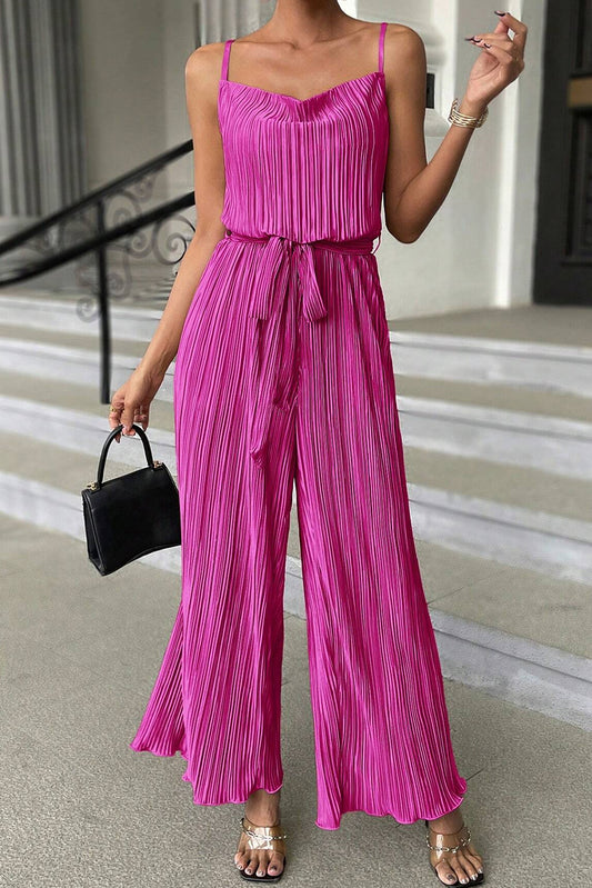 Bright Pink Belted Drape Pleated Wide Leg Jumpsuit
