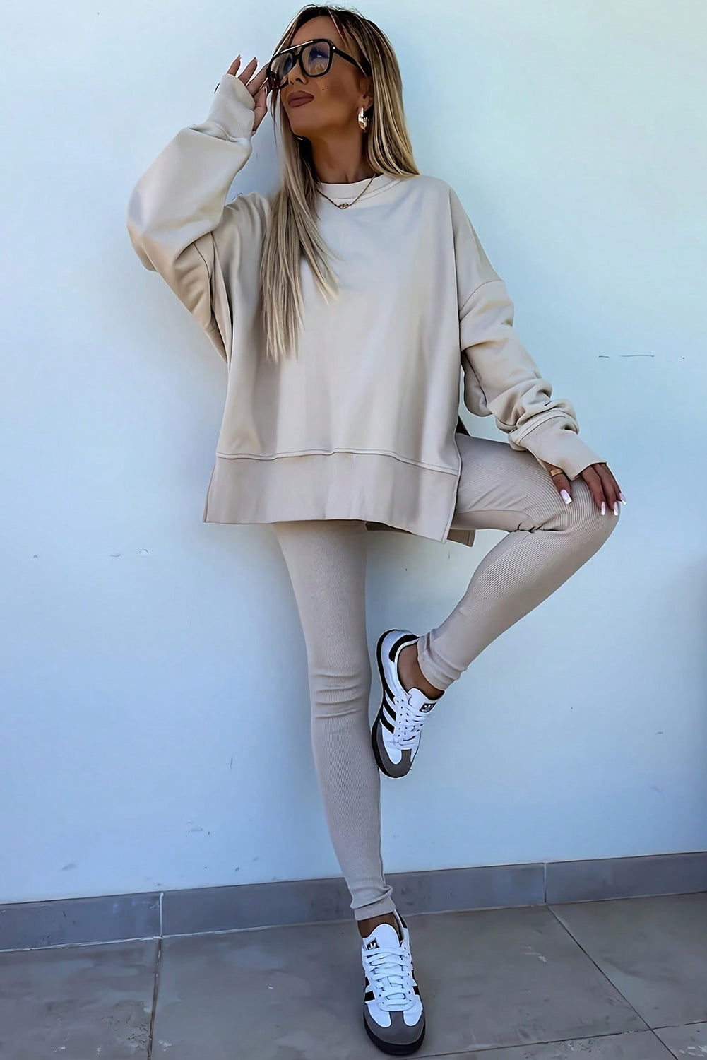 Oversize Slit Sweatshirt Ribbed Leggings Set