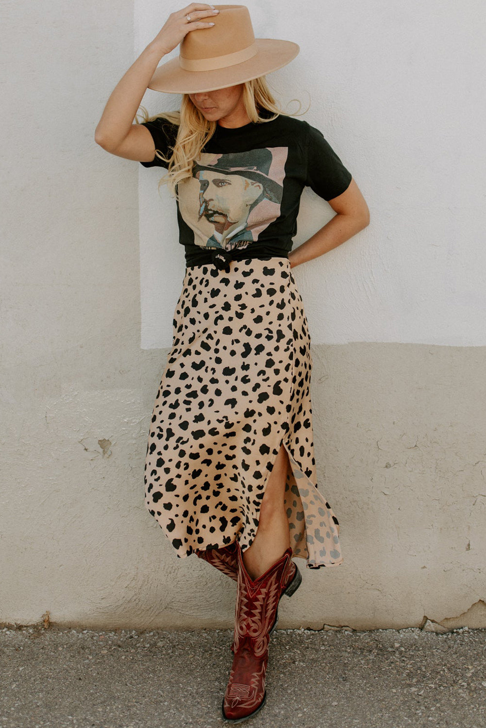 Khaki Leopard Print Side Split Midi Skirt