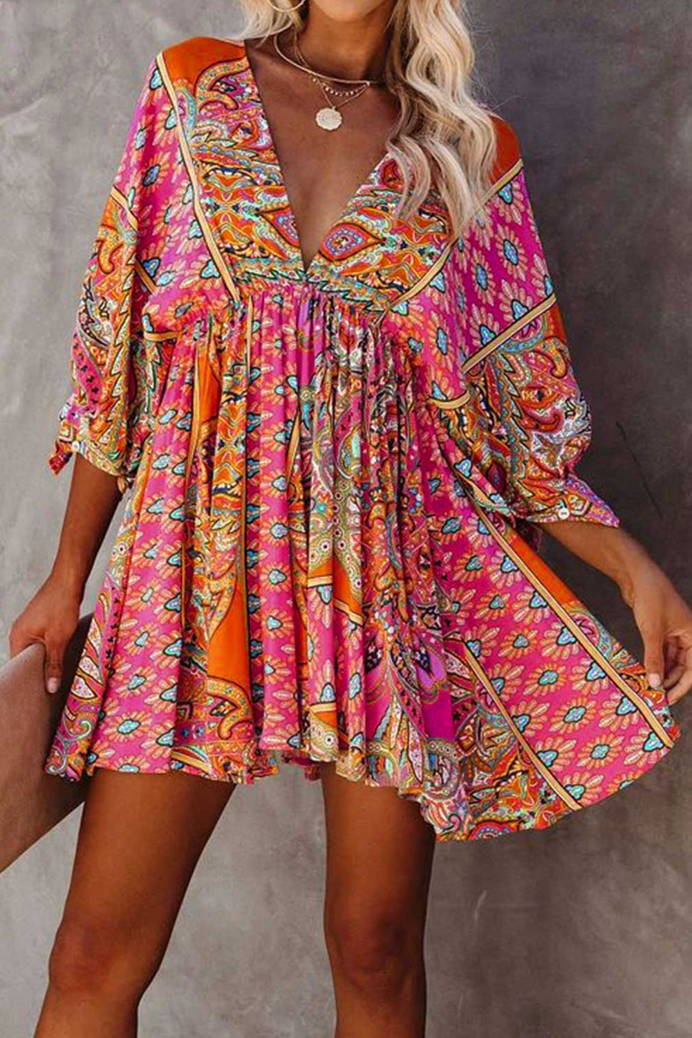 3/4 Sleeve Tie Back Boho Dress