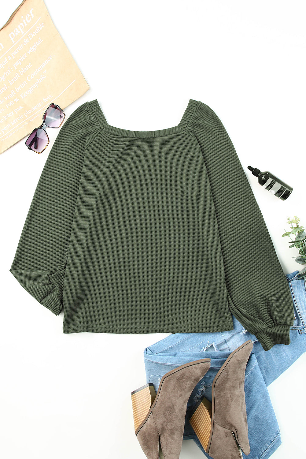 Waffle knit Square Neck Pullover Top