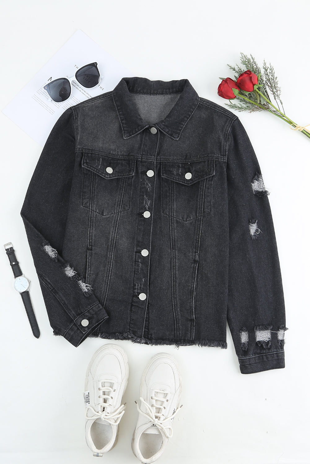 Raw Hem Buttons Denim Jacket