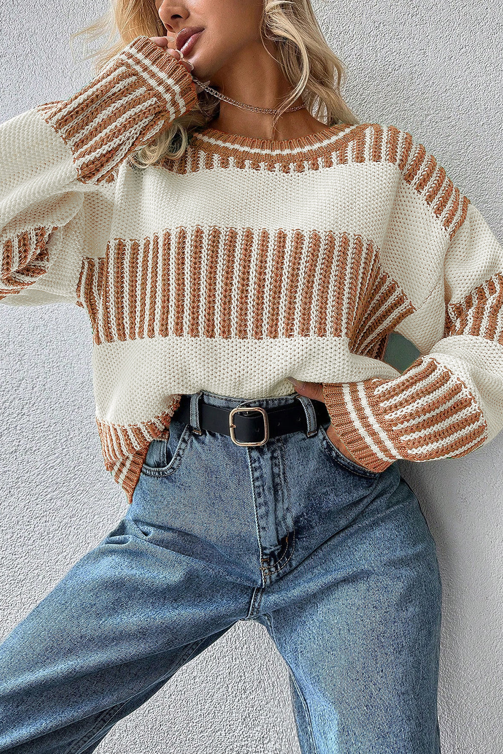 Two Tone Striped Patchwork Drop Shoulder Sweater