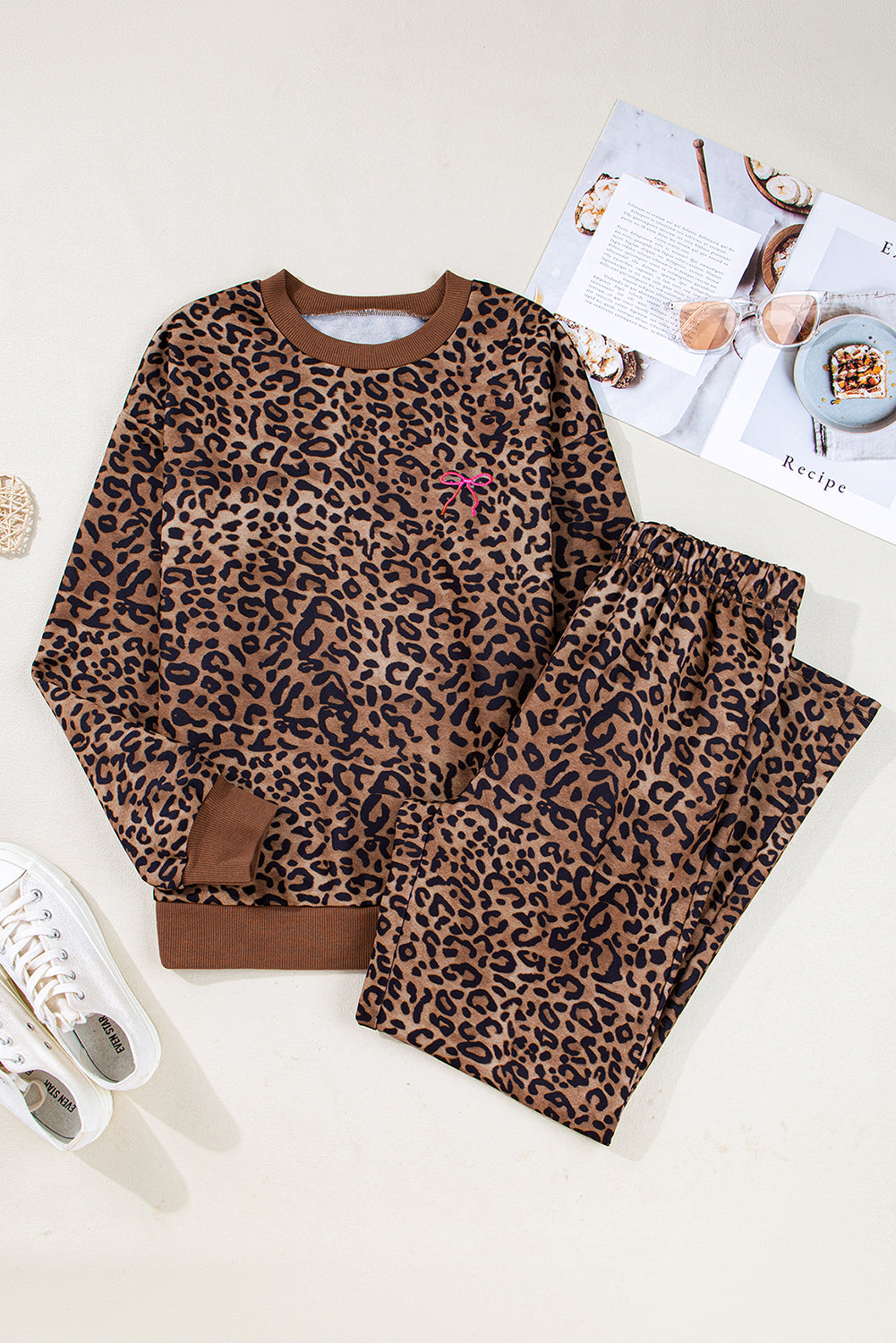 Leopard Print Long Sleeve Top and Pants Set