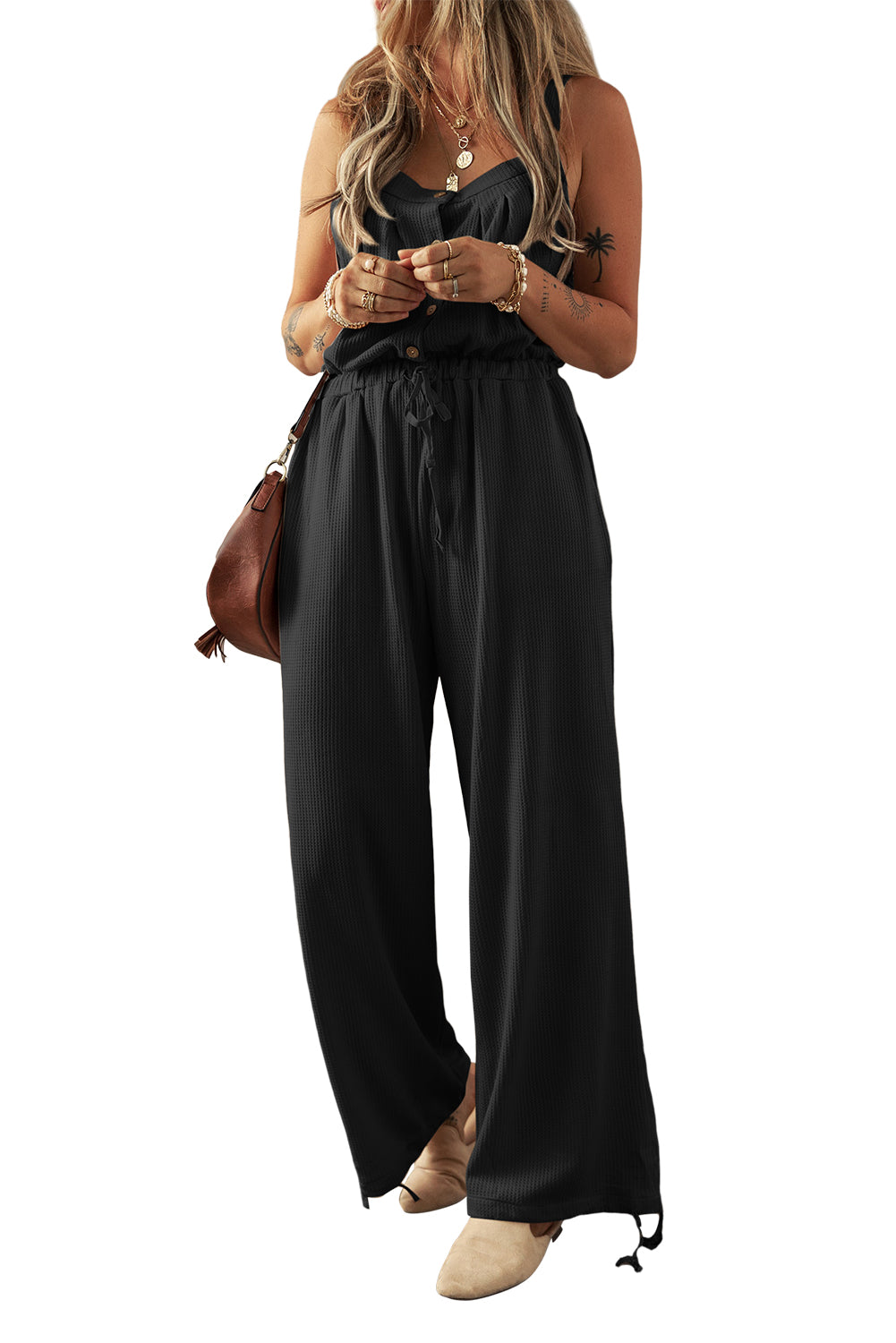 Knotted Straps Button Textured Drawstring Jumpsuit