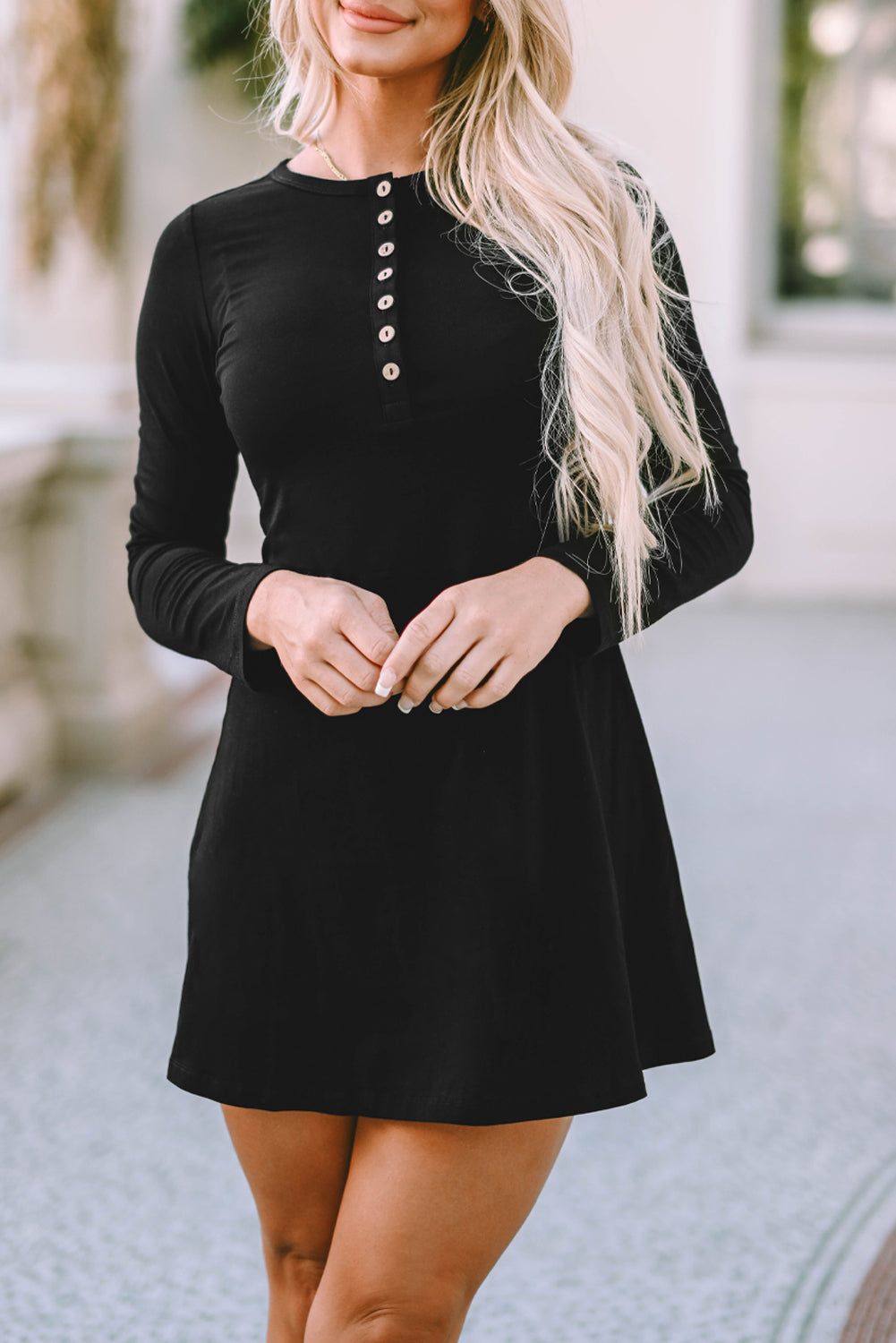 Black Solid Color Long Sleeve Henley Mini Dress