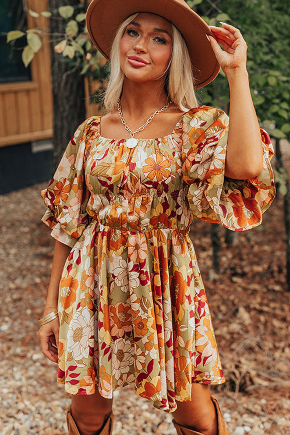 Floral Printed Square Neck Dress