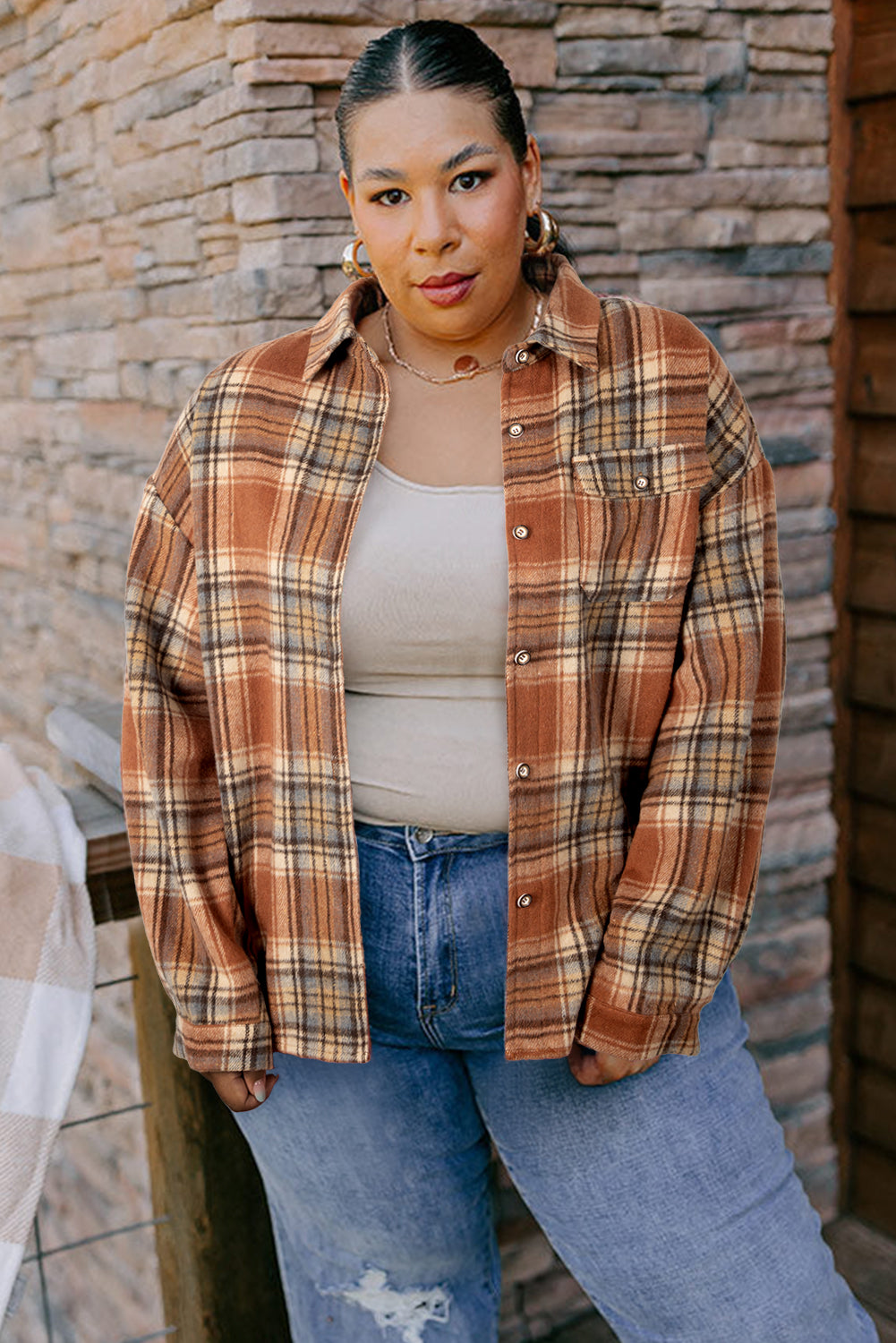 Brown Plaid Plus Size Shirt