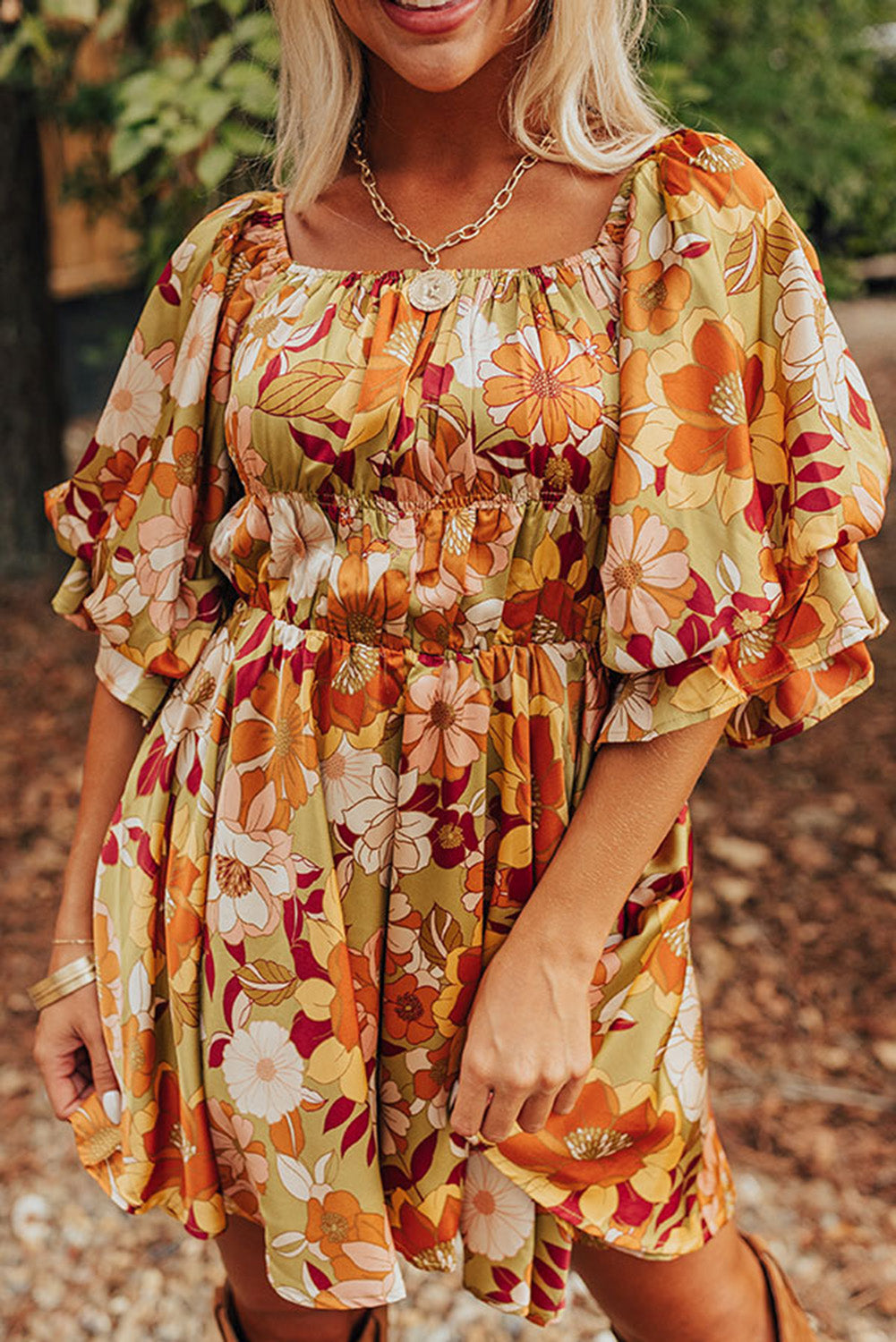 Floral Printed Square Neck Dress