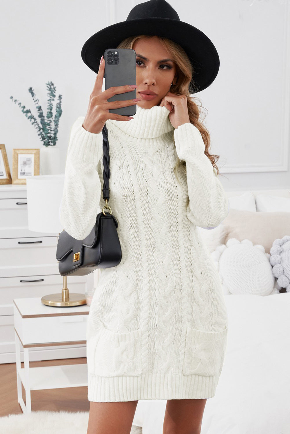 Cowl Neck Cable Knit Sweater Dress