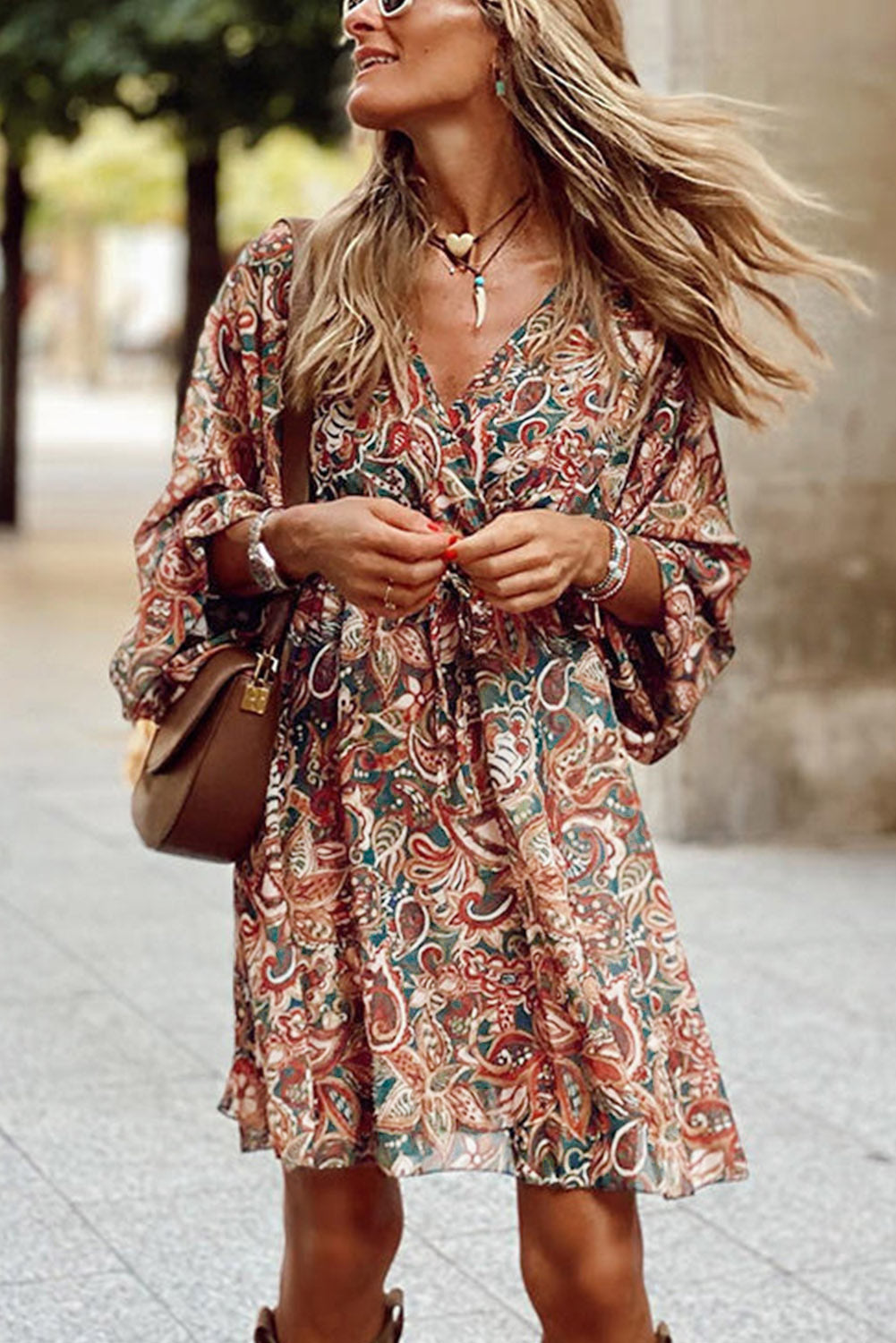 Brown Abstract Print Flowy Dress